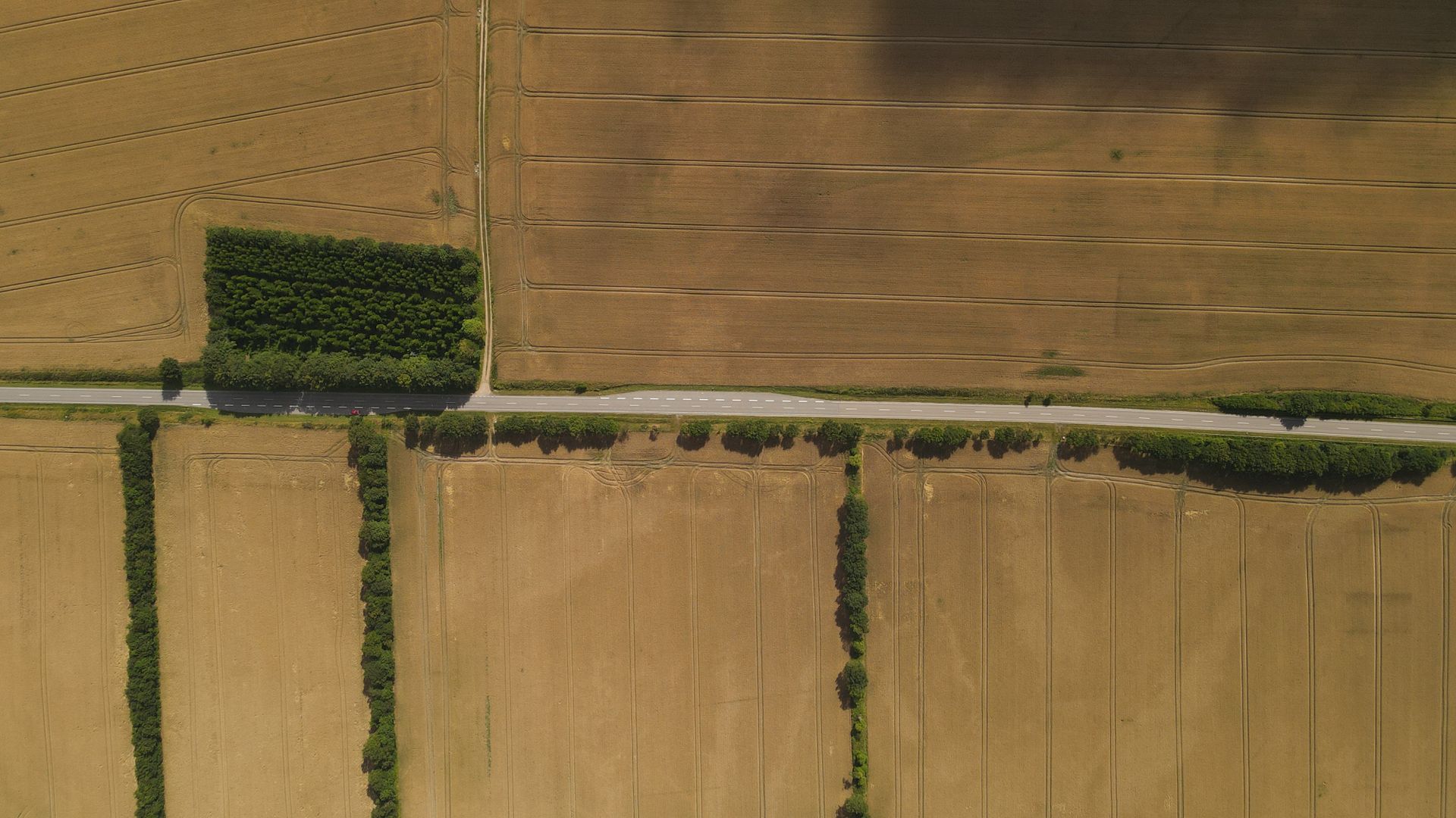Aerial view of agricultural fields with geometric patterns